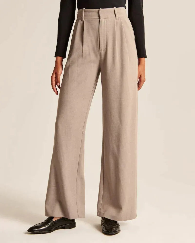 High Waist Wide Leg Tailored Trousers Pleated Front