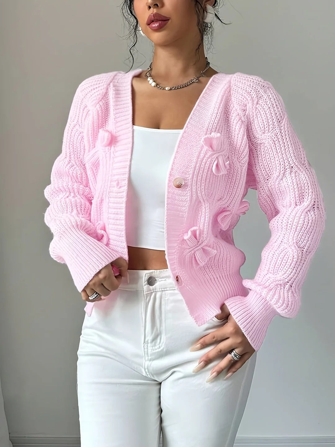 Women's Soft Bow-Detail Long Sleeve Cardigan Cable-Knit