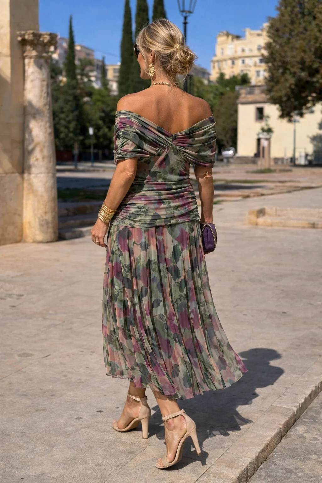 Chiffon Maxi Dress V-Neck Ruched Waist Floaty Sleeves