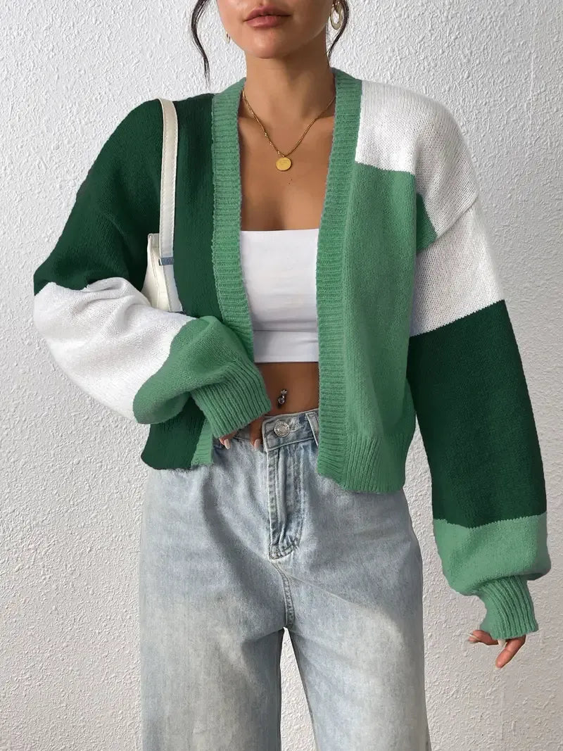 Cropped Colour Block Cardigan Open Front Ribbed Cuffs