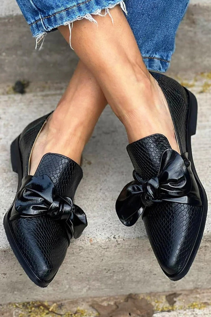 Women's Black Bow Loafers Snakeskin Print PU Leather Elegant Slip-On