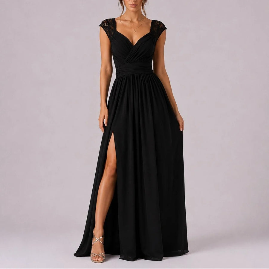 Lace Shoulder Wedding Guest Maxi Dress V-Neck Wrap Ruched Waist
