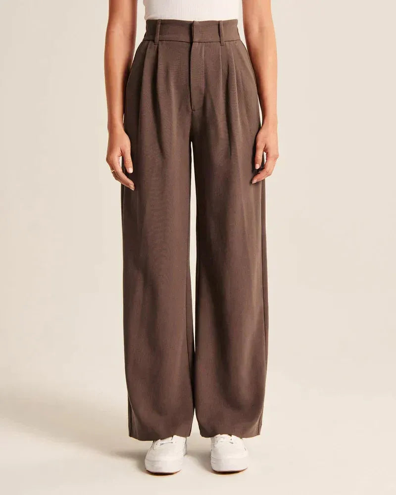 High Waist Wide Leg Tailored Trousers Pleated Front