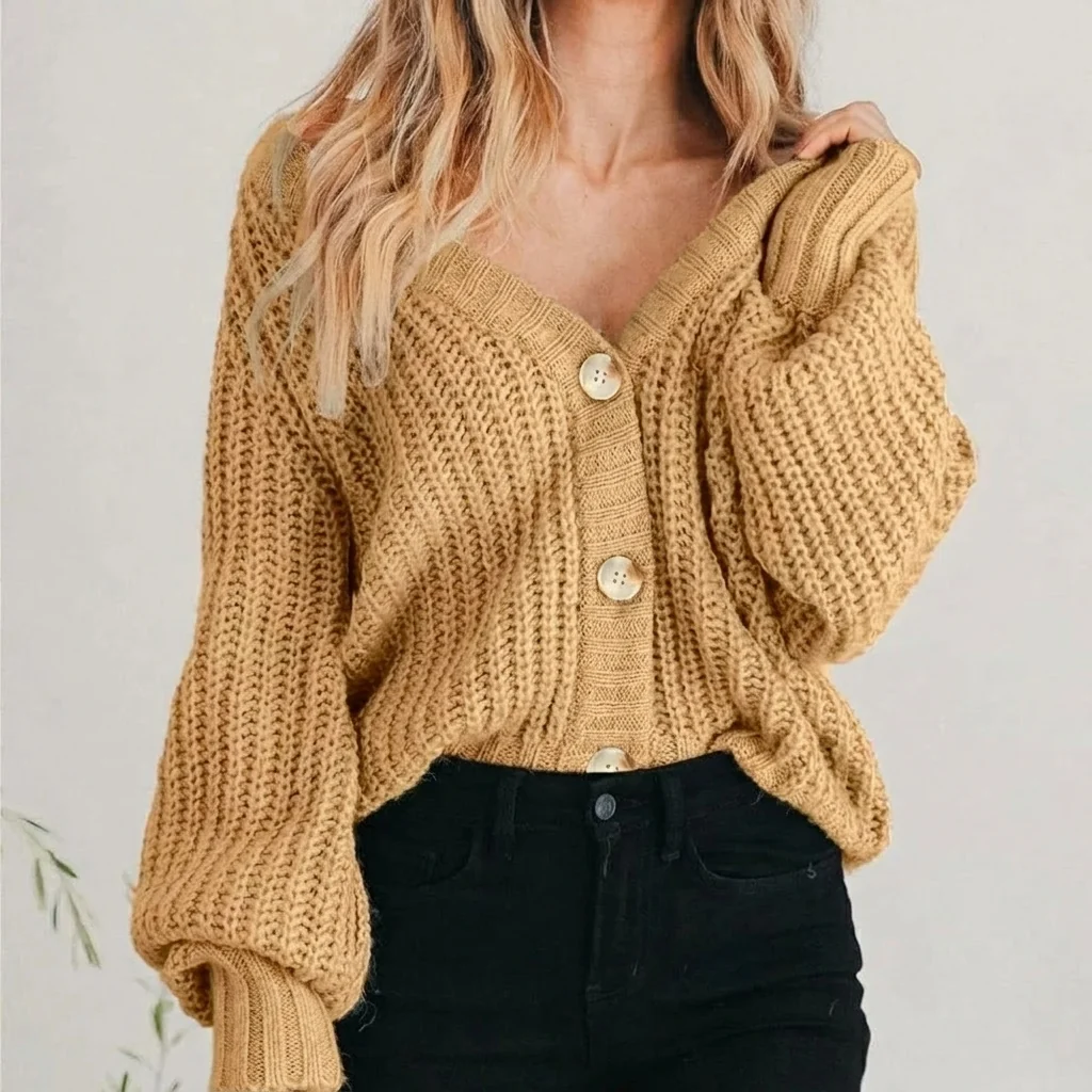 Women's Autumn Chunky Knit Cardigan Balloon Sleeves V-Neck