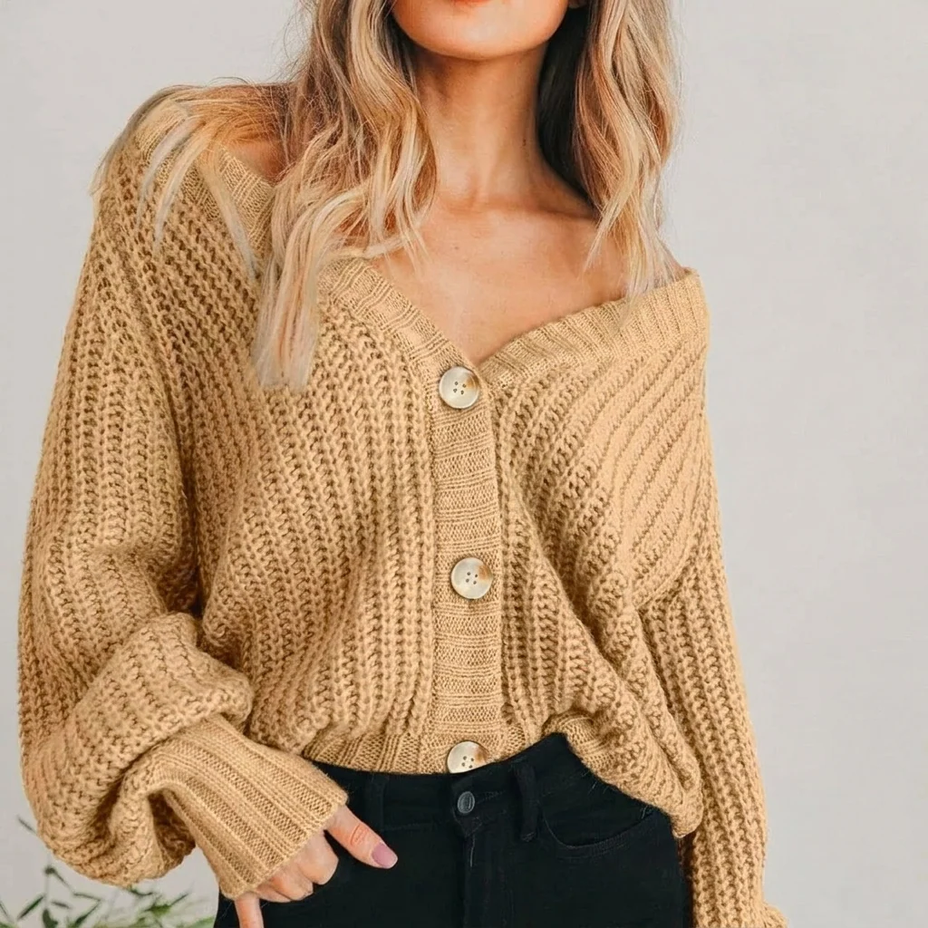 Women's Autumn Chunky Knit Cardigan Balloon Sleeves V-Neck