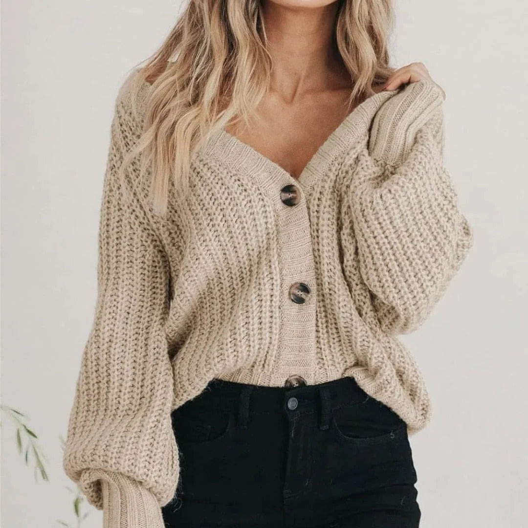 Women's Autumn Chunky Knit Cardigan Balloon Sleeves V-Neck