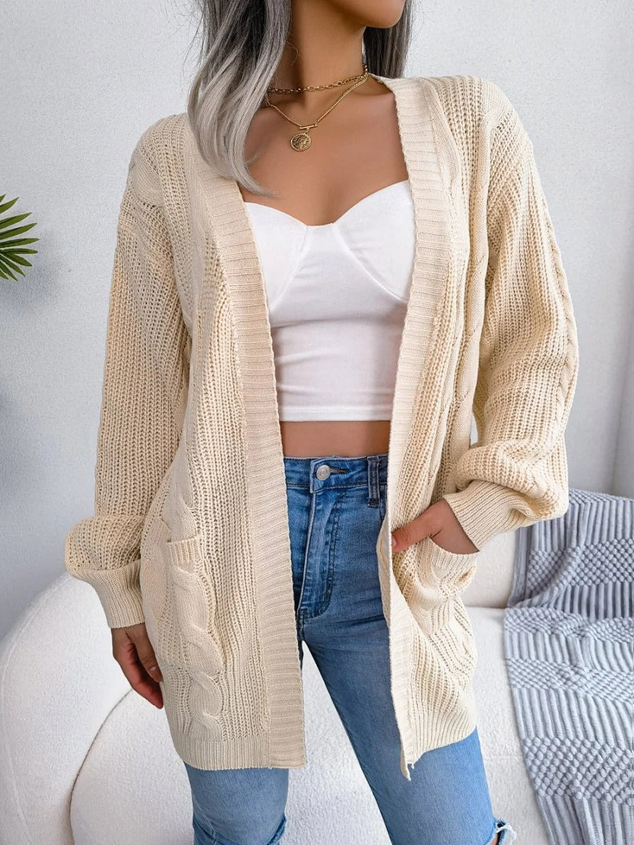 Oversized Cable Knit Cardigan Open Front Patch Pockets