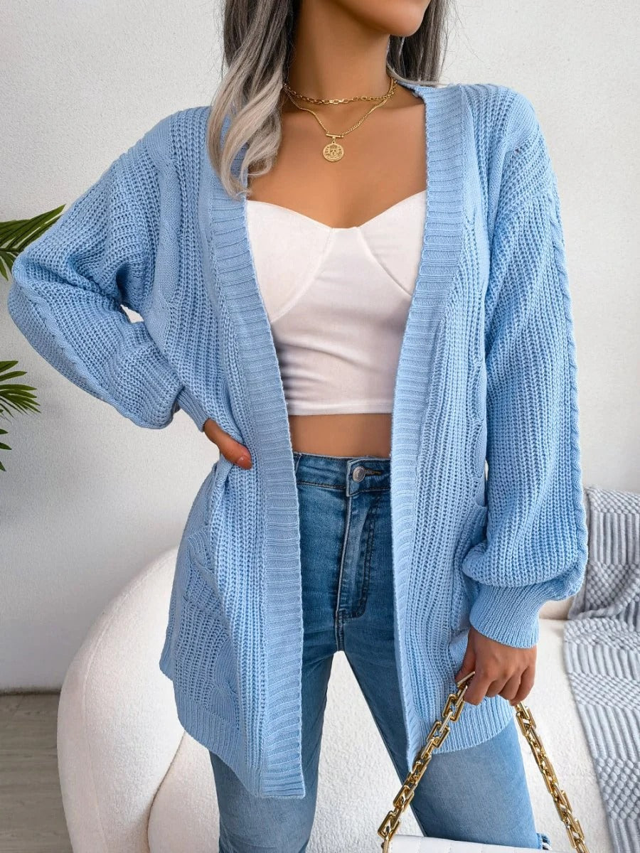 Oversized Cable Knit Cardigan Open Front Patch Pockets
