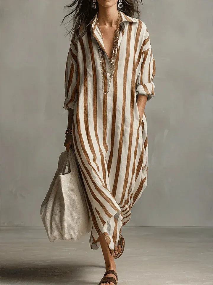 Striped Maxi Shirt Dress Collared V-Neck Roll-Up Sleeves Oversized