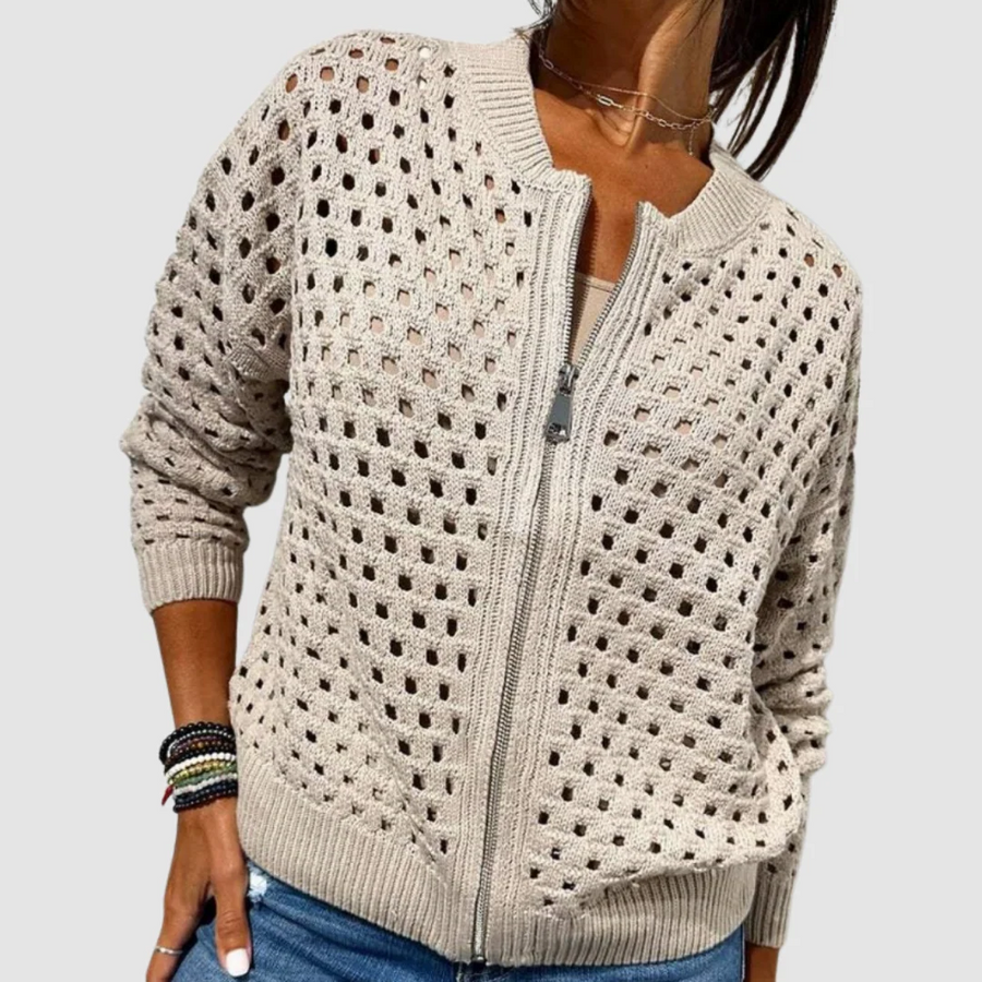 Women's Hollow-Knit Zip Cardigan Breathable Pattern Zip Front