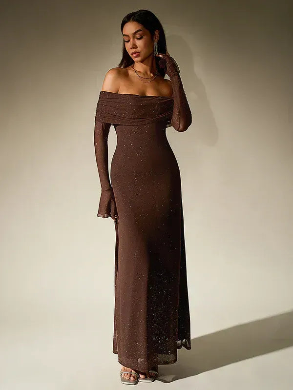Off-Shoulder Evening Gown Fitted Sheer Sleeves Shimmer Detailing