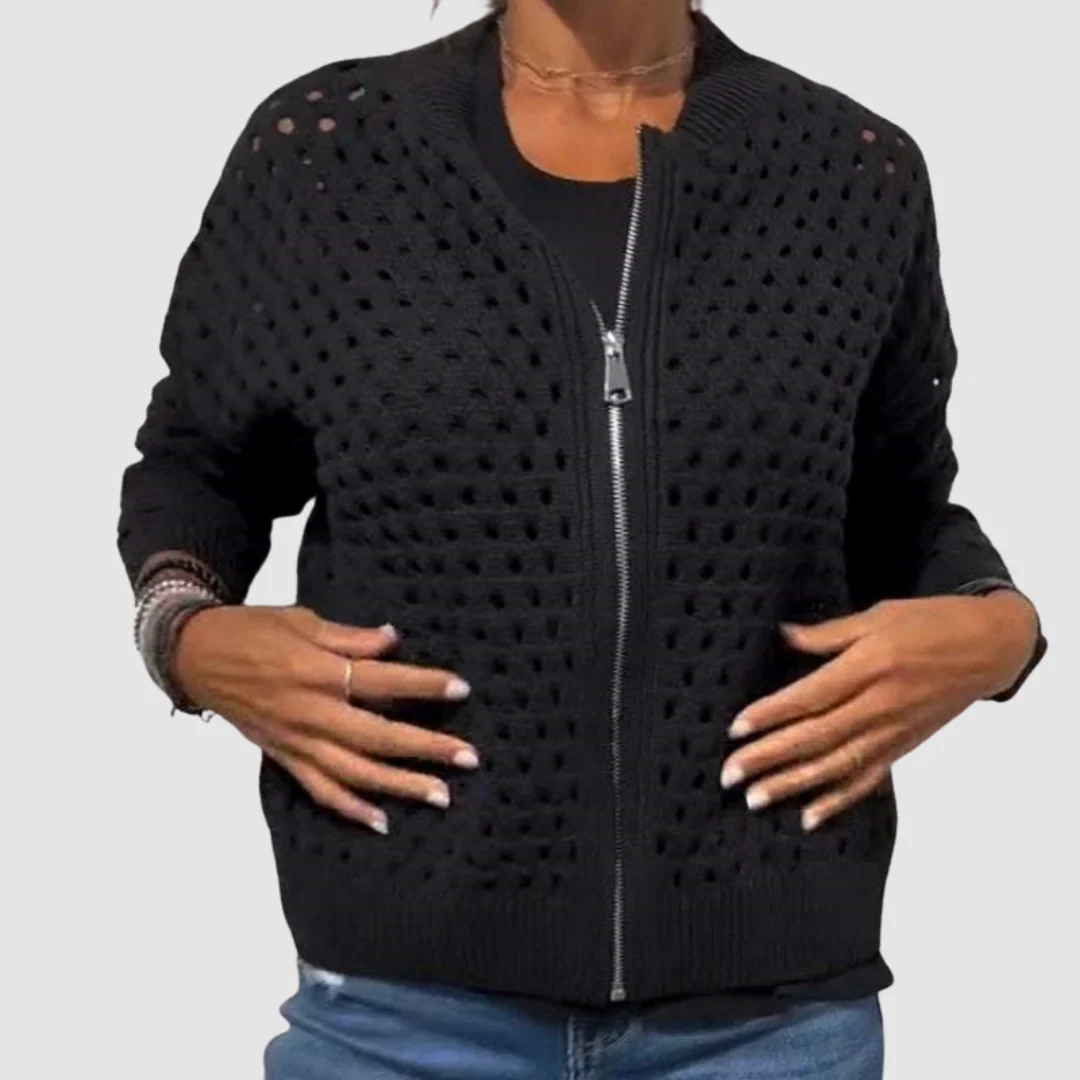 Women's Hollow-Knit Zip Cardigan Breathable Pattern Zip Front