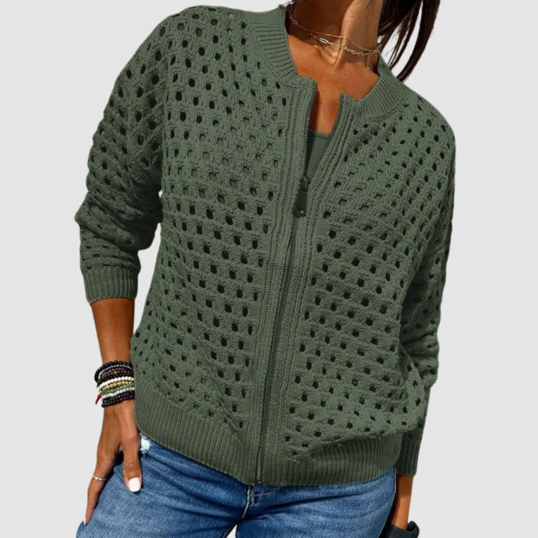 Women's Hollow-Knit Zip Cardigan Breathable Pattern Zip Front