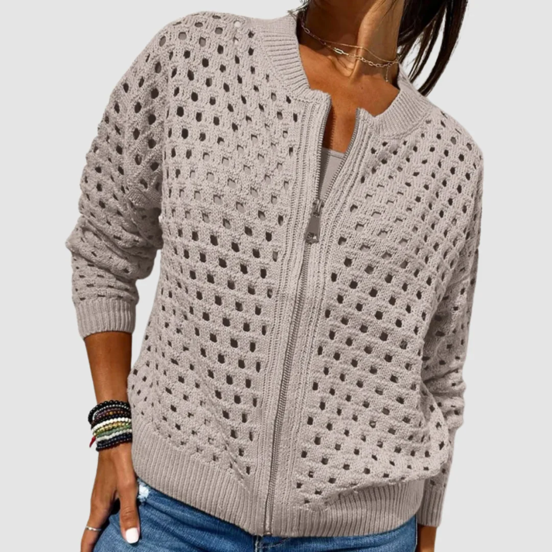 Women's Hollow-Knit Zip Cardigan Breathable Pattern Zip Front