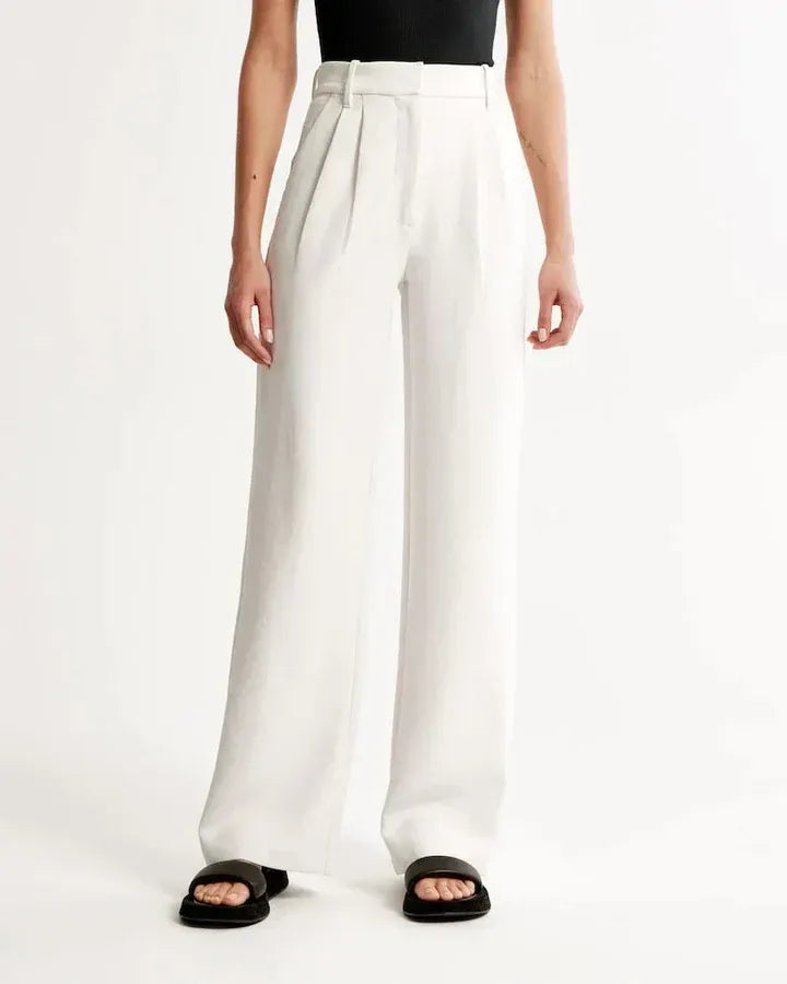 High Waist Wide Leg Tailored Trousers Pleated Front