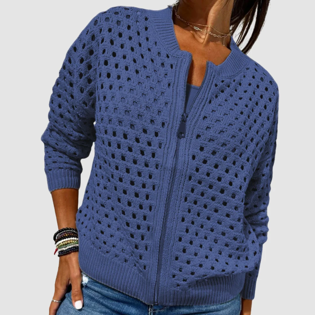 Women's Hollow-Knit Zip Cardigan Breathable Pattern Zip Front