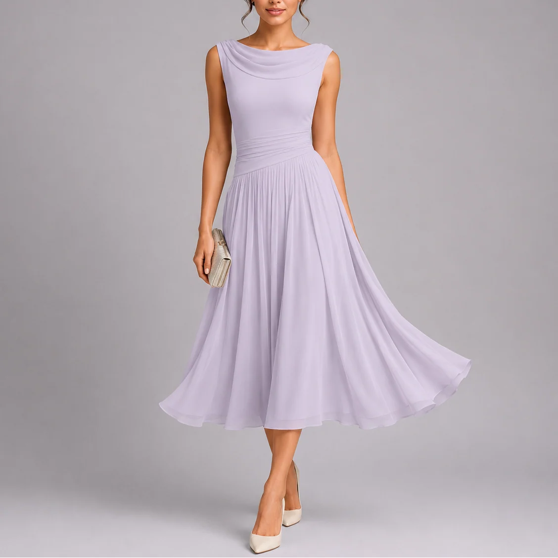 Pleated Midi Dress Draped Neckline