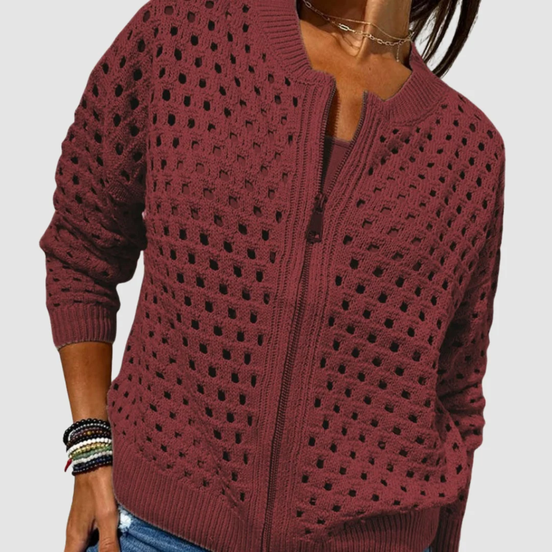 Women's Hollow-Knit Zip Cardigan Breathable Pattern Zip Front