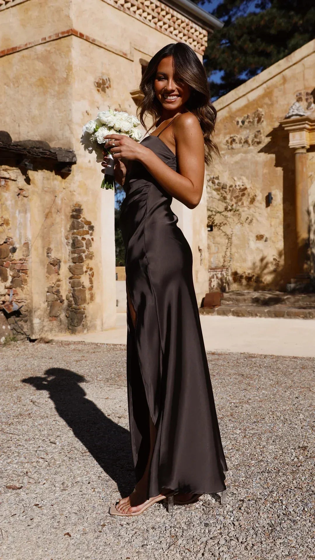Silky Slip Dress Satin Look Straight Neckline Side Split
