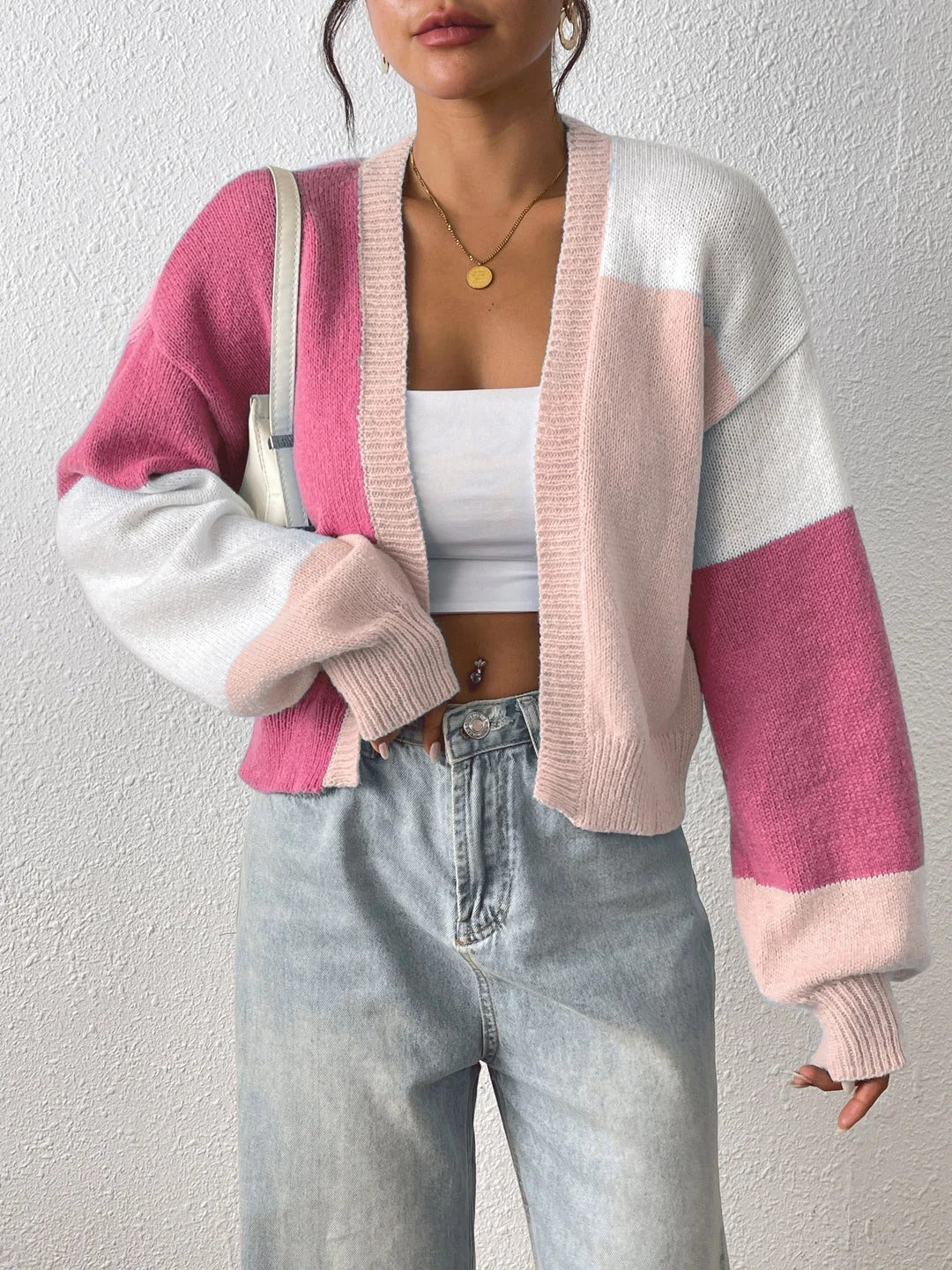 Cropped Colour Block Cardigan Open Front Ribbed Cuffs