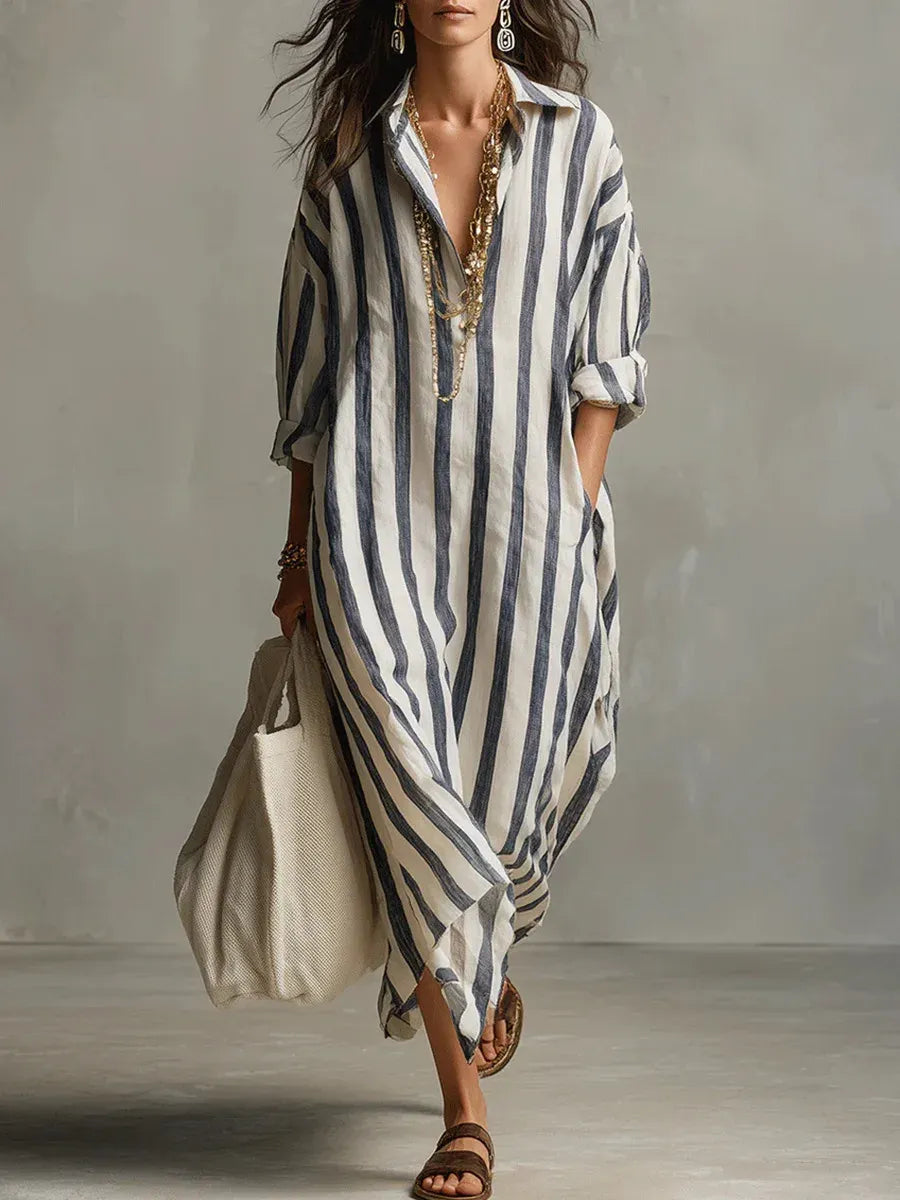 Striped Maxi Shirt Dress Collared V-Neck Roll-Up Sleeves Oversized