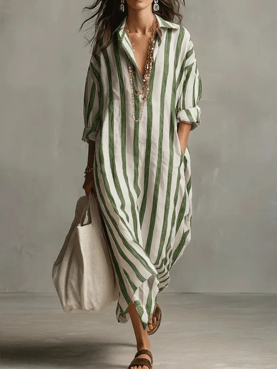 Striped Maxi Shirt Dress Collared V-Neck Roll-Up Sleeves Oversized