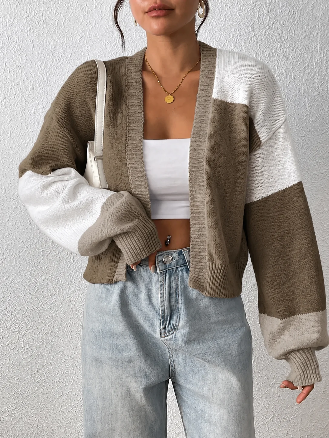 Cropped Colour Block Cardigan Open Front Ribbed Cuffs