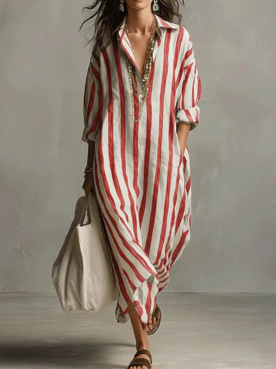 Striped Maxi Shirt Dress Collared V-Neck Roll-Up Sleeves Oversized