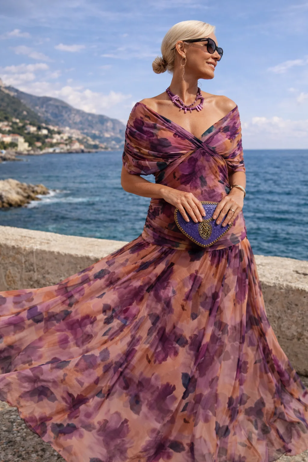 Chiffon Maxi Dress V-Neck Ruched Waist Floaty Sleeves