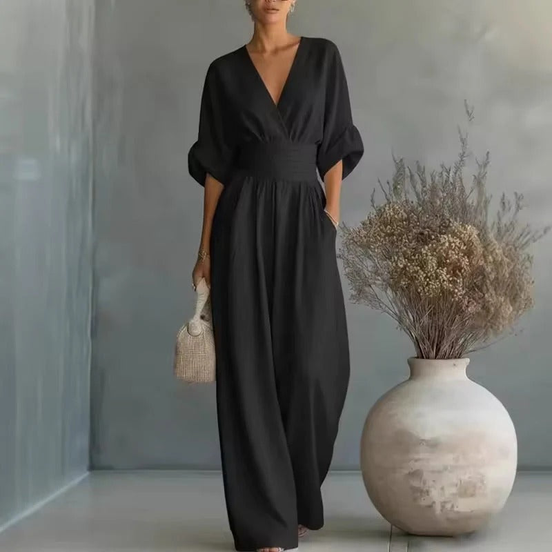 Deep V-Neck Wide-Leg Jumpsuit