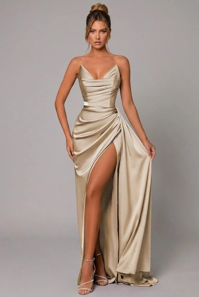 Women's Satin Maxi Dress Sweetheart Neckline Open Back Ruched Bodice