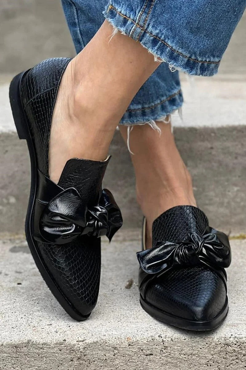 Women's Black Bow Loafers Snakeskin Print PU Leather Elegant Slip-On