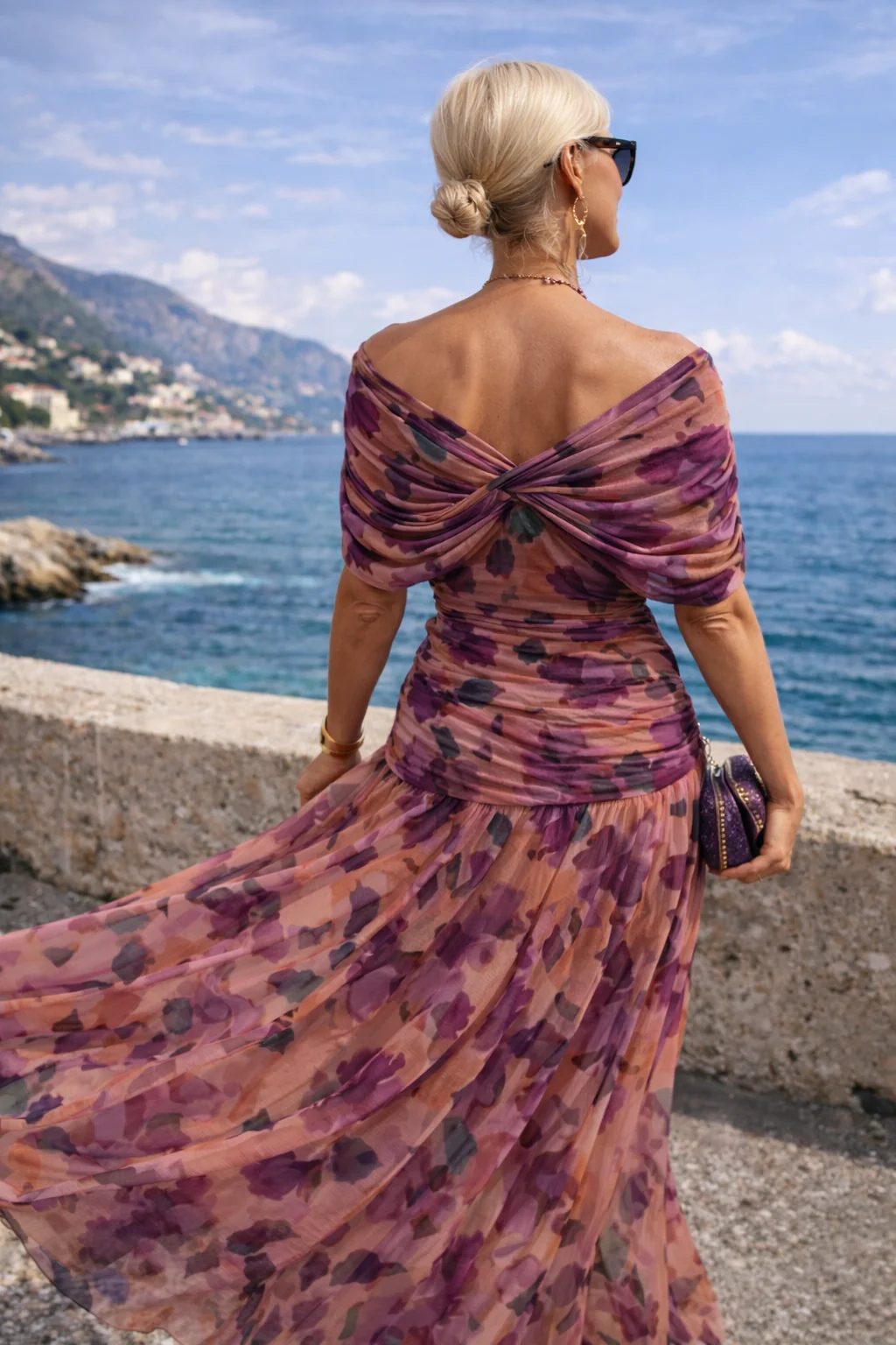 Chiffon Maxi Dress V-Neck Ruched Waist Floaty Sleeves