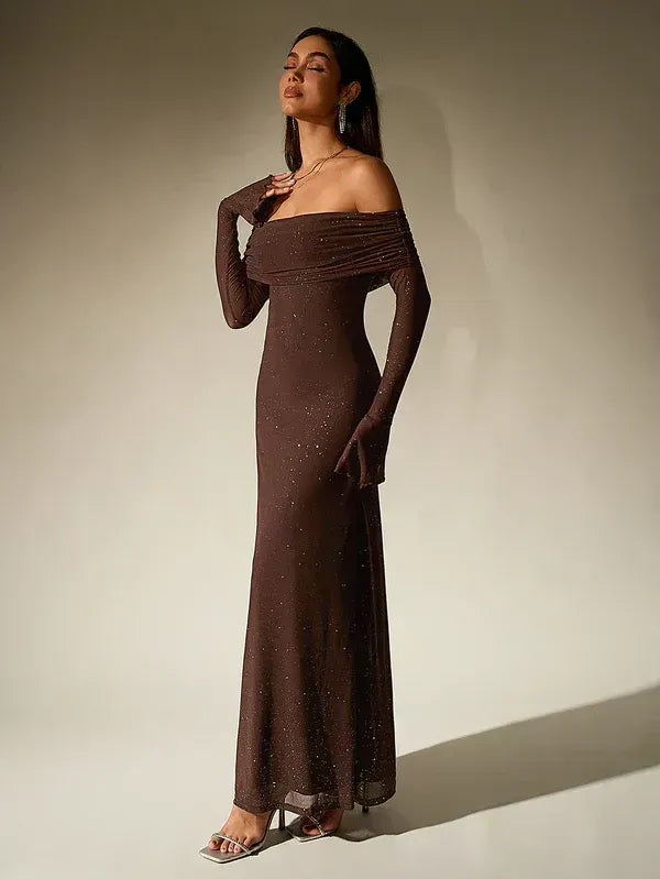 Off-Shoulder Evening Gown Fitted Sheer Sleeves Shimmer Detailing