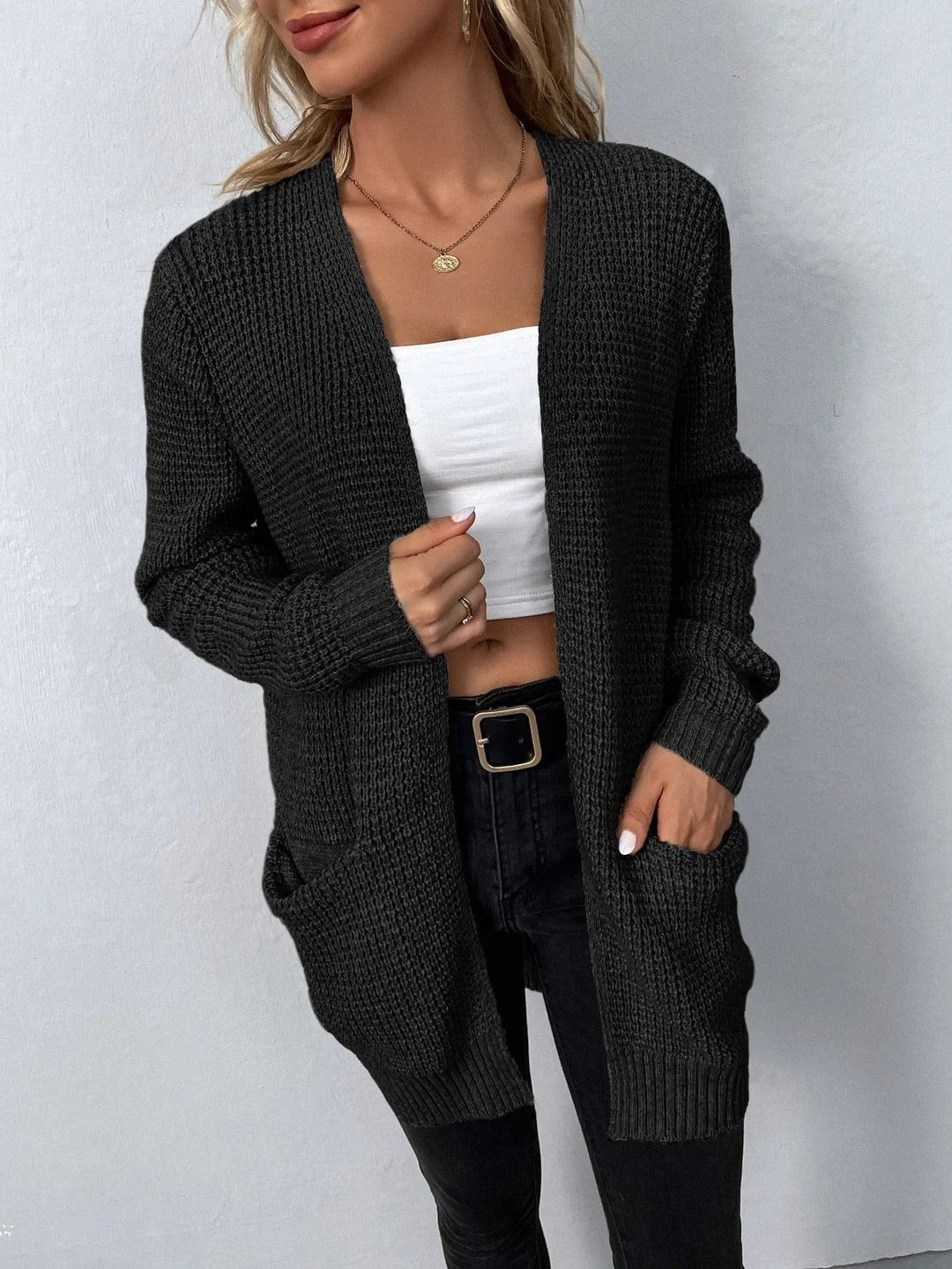 Women's Open Front Knit Cardigan Waffle-Knit Breathable