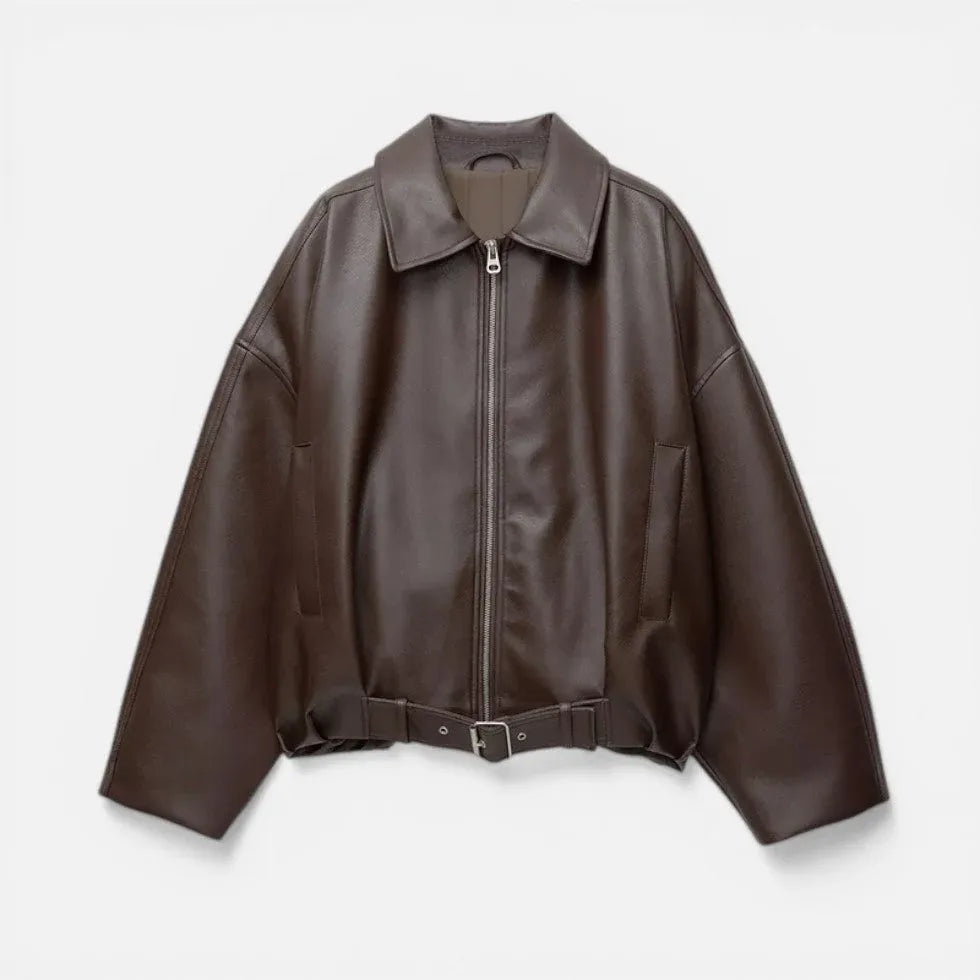 Belted Faux Leather Bomber Jacket