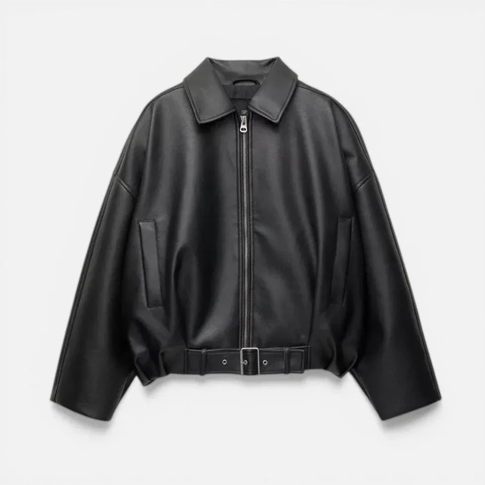 Belted Faux Leather Bomber Jacket
