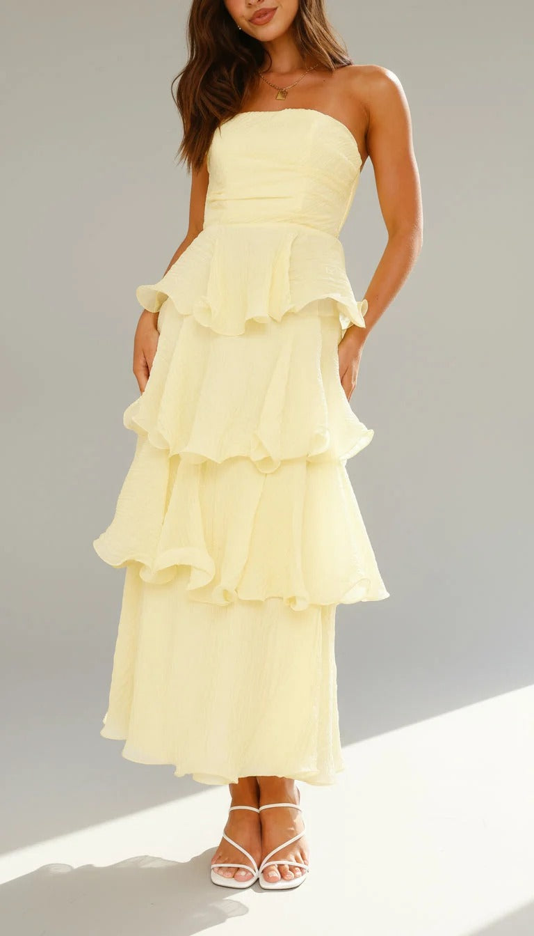 Strapless Tiered Ruffle Maxi Dress Ruched Bodice Wedding Guest