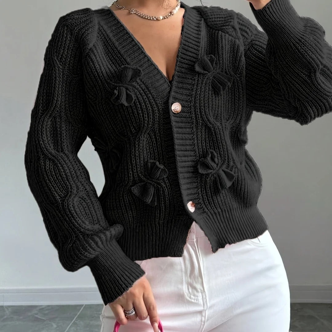 Women's Soft Bow-Detail Long Sleeve Cardigan Cable-Knit