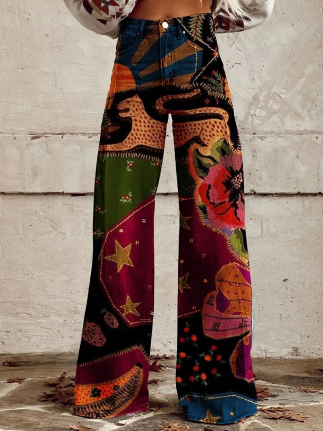 Colourful Printed Wide-Leg Trousers - Vibrant Statement Fit