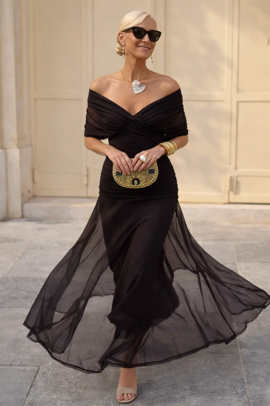 Chiffon Maxi Dress V-Neck Ruched Waist Floaty Sleeves