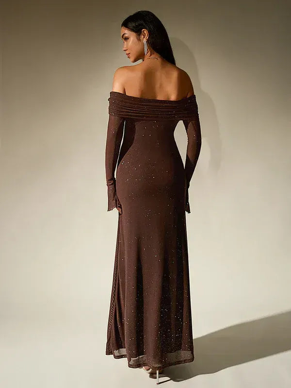 Off-Shoulder Evening Gown Fitted Sheer Sleeves Shimmer Detailing