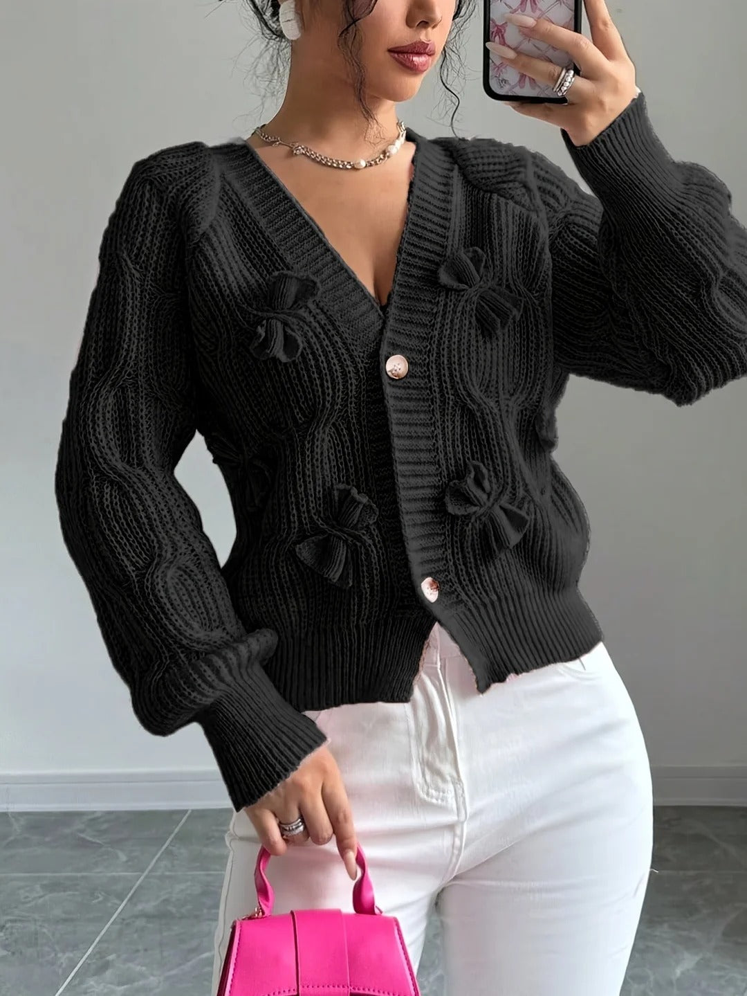 Women's Soft Bow-Detail Long Sleeve Cardigan Cable-Knit
