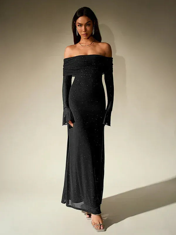 Off-Shoulder Evening Gown Fitted Sheer Sleeves Shimmer Detailing