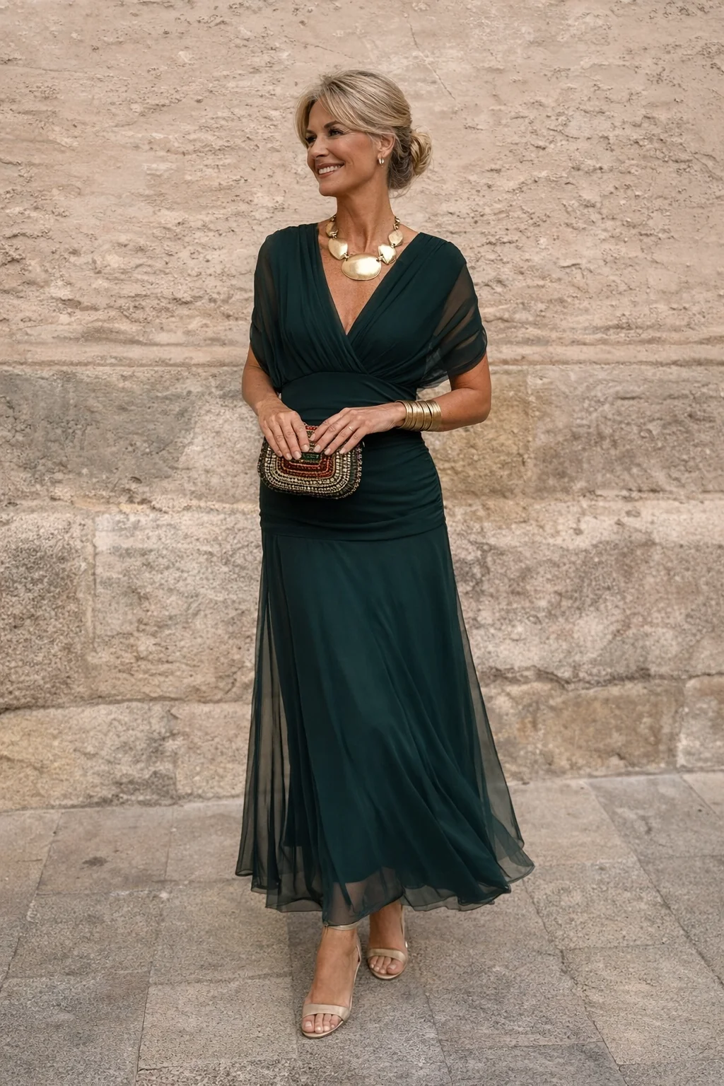 Chiffon Maxi Dress V-Neck Ruched Waist Floaty Sleeves