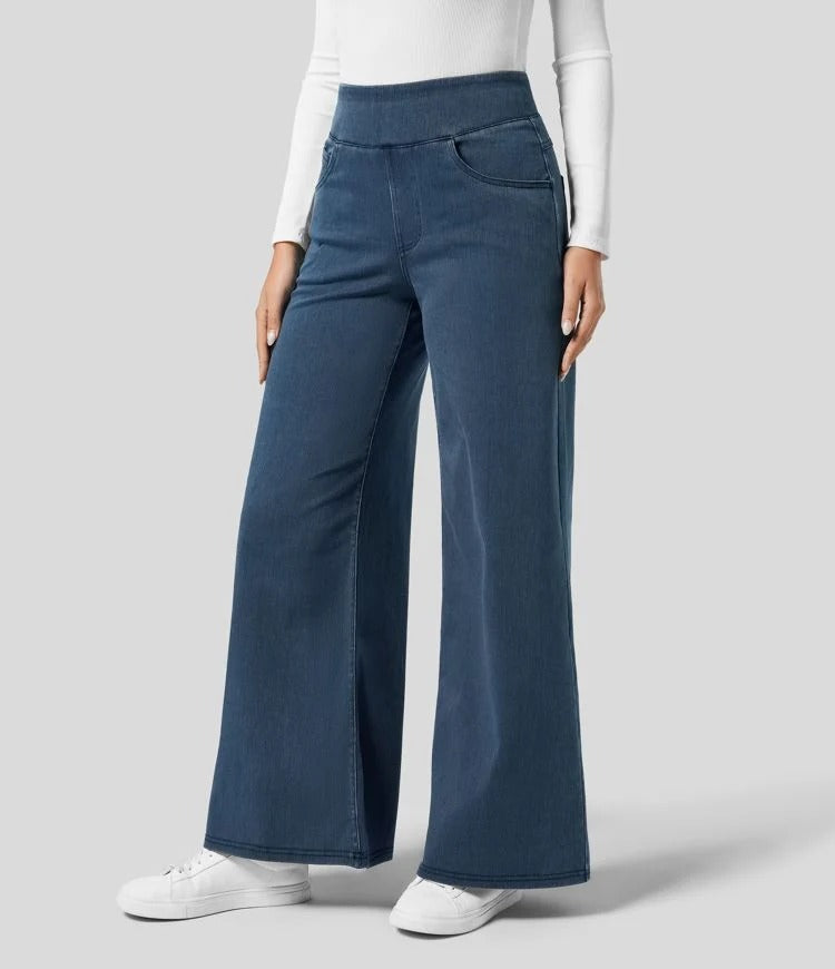 High Waist Wide Leg Jeans Pull-On Waistband Stretch Denim
