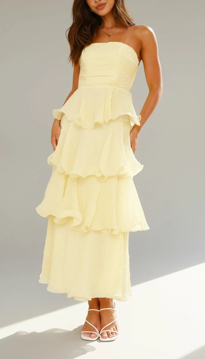 Strapless Tiered Ruffle Maxi Dress Ruched Bodice Wedding Guest