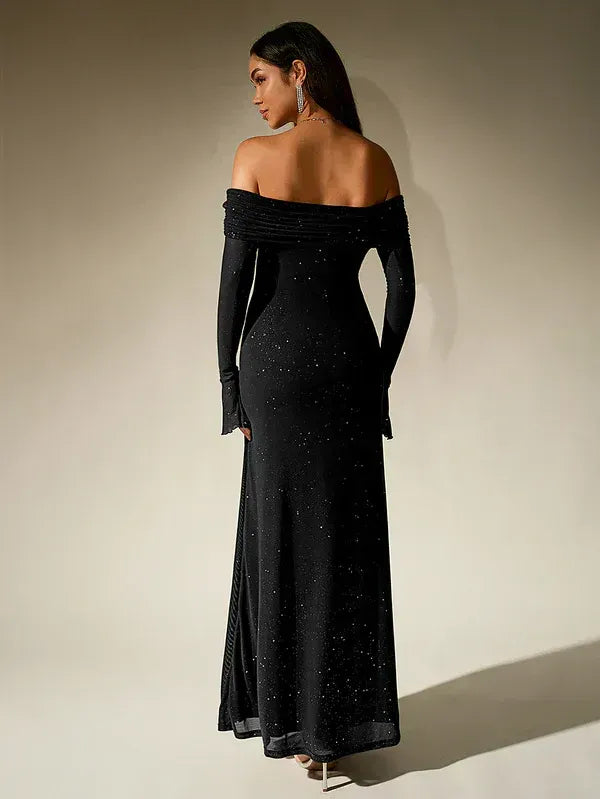 Off-Shoulder Evening Gown Fitted Sheer Sleeves Shimmer Detailing
