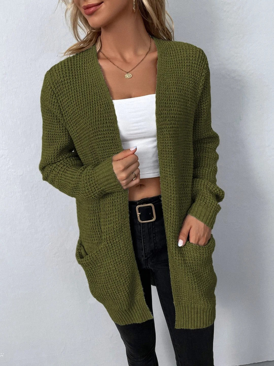 Women's Open Front Knit Cardigan Waffle-Knit Breathable