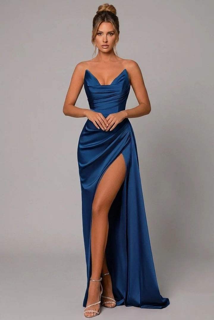 Women's Satin Maxi Dress Sweetheart Neckline Open Back Ruched Bodice